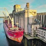 The MV Federal Nakagawa departed the Port of Thunder Bay in early October after taking on 23,000 tonnes of canola at the G3 Terminal. | Michael Hull photo courtesy of the Thunder Bay Port Authority