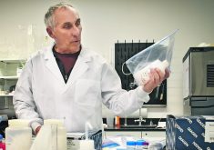 University of Lethbridge professor and researcher Dan Johnson holds a sample of the bio-pesticide he and his colleagues developed about 10 years ago that proved effective in grasshopper control. Despite several efforts, the treatment has never been commercialized. | Barb Glen photo