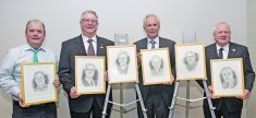 The 2022 Saskatchewan Agriculture Hall of Fame inductees are Jeffrey Schoenau, left, Jim Bessel, Margaret Crowle (posthumous), Mark Silzer, Jack Dawes (absent) and Leslie Hill.  |  William DeKay photo