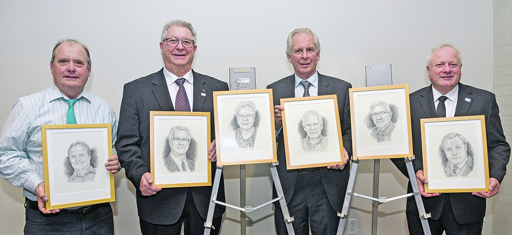 The 2022 Saskatchewan Agriculture Hall of Fame inductees are Jeffrey Schoenau, left, Jim Bessel, Margaret Crowle (posthumous), Mark Silzer, Jack Dawes (absent) and Leslie Hill.  |  William DeKay photo
