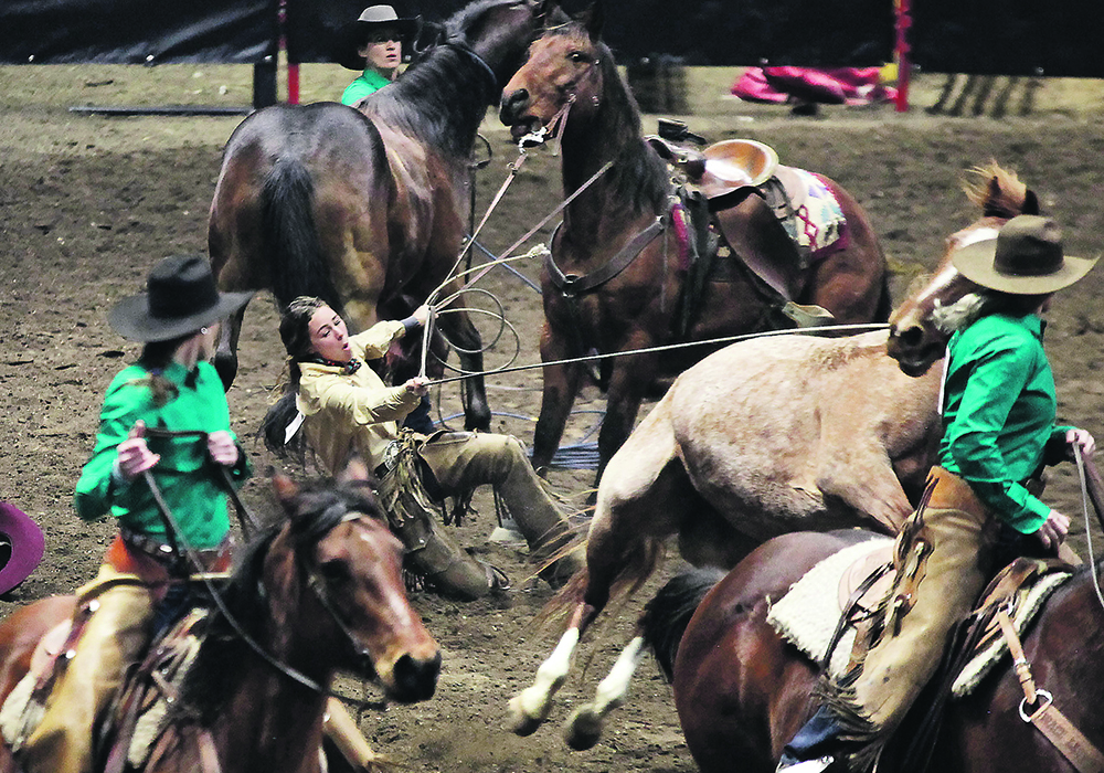 The V over Triangle Ranch team got off to a rocky start in the wild horse race event at the Agribition Ranch Rodeo, where contestants show off working ranch skills. | Mike Raine photo