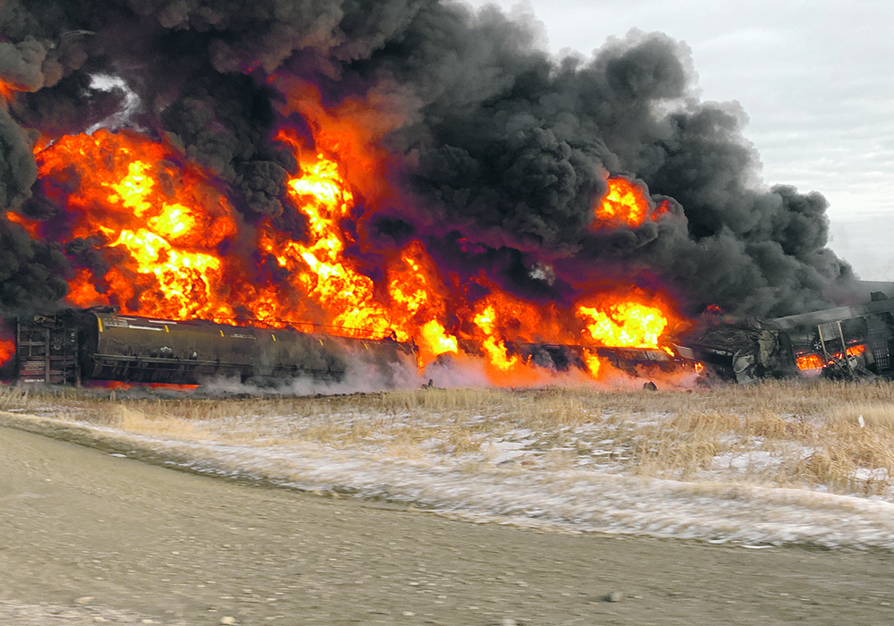 A train derailment near Macoun, Sask., last week resulted in a fire that closed the nearby highway and forced some residents to evacuate their homes.  |  Amber Mantei photo