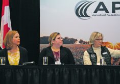 Dr. Sarah Allin, left, president of the Saskatchewan Veterinary Medical Association, Dr. Stephanie Smith, chief veterinary officer in Saskatchewan, and Dr. Gillian Muir, dean of the Western College of Veterinary Medicine, participate in a panel discussion during the Agricultural Producers Association of Saskatchewan’s annual meeting.  | Karen Briere photo