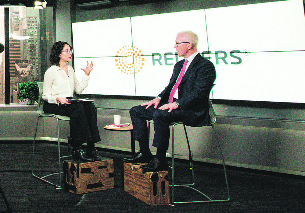 Sean Connolly, chief executive officer of packaged food producer Conagra Brands Inc., speaks with Jessica DiNapoli, Reuters’ U.S. consumer products correspondent, during an interview in New York City earlier this month.  He said the company expects double-digit inflation in fiscal 2023, which ends in May, although protein and some packaging costs are moderating.  |  Reuters/Eduardo Munoz photo