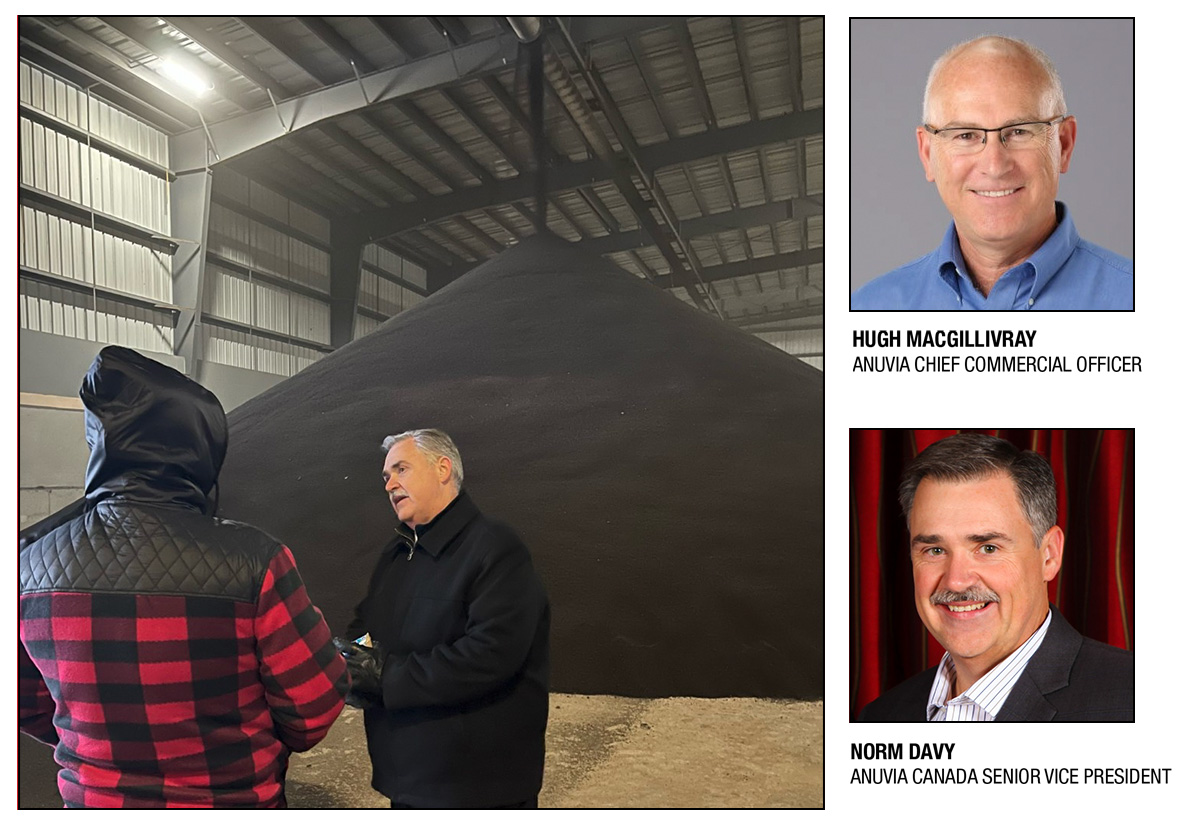 Anuvia Canada’s senior vice president Norm Davy stands in front of a shipment of SymTRX
granules at the terminal in Brandon, Man.