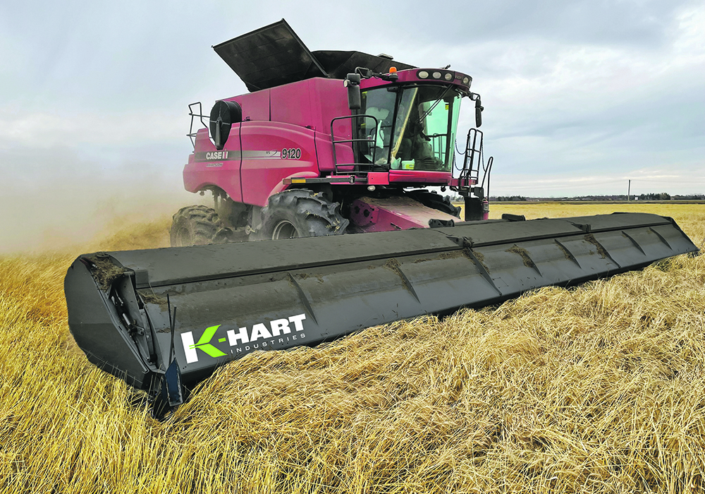 K-Hart Industries is taking advantage of increased interest in stripper headers, brought on by drought conditions in many North American growing regions. The company is building a 41 foot stripper header in 2023 and will offer 31, 35 and 45 foot models in future  years.  |  K-Hart Industries photo