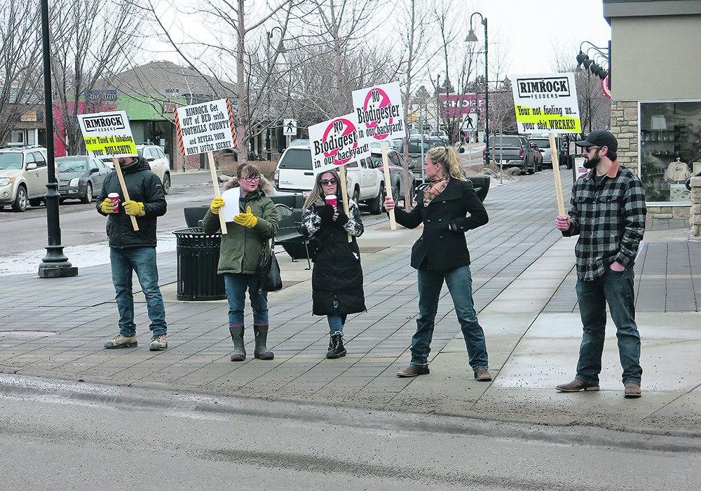 The feedlot’s biodigester isn’t popular with all of its neighbours as this small protest last week shows. | Doug Ferguson photo