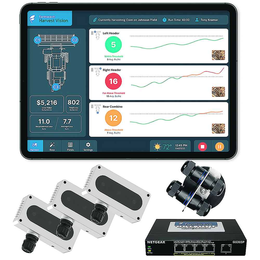 The Harvest Vision system by Farmwave uses three cameras, one mounted on the back of each side of a combine’s header and another mounted on the rear axle. The system uses artificial intelligence to count grain on the ground and flying through the air to estimate harvest losses in real time.  |  Farmwave photo