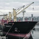Wheat destined for Kenya and Ethiopa is loaded onto a ship in the Ukrainian port of Chornomorsk last month. | Reuters/Nina Liashonok photo