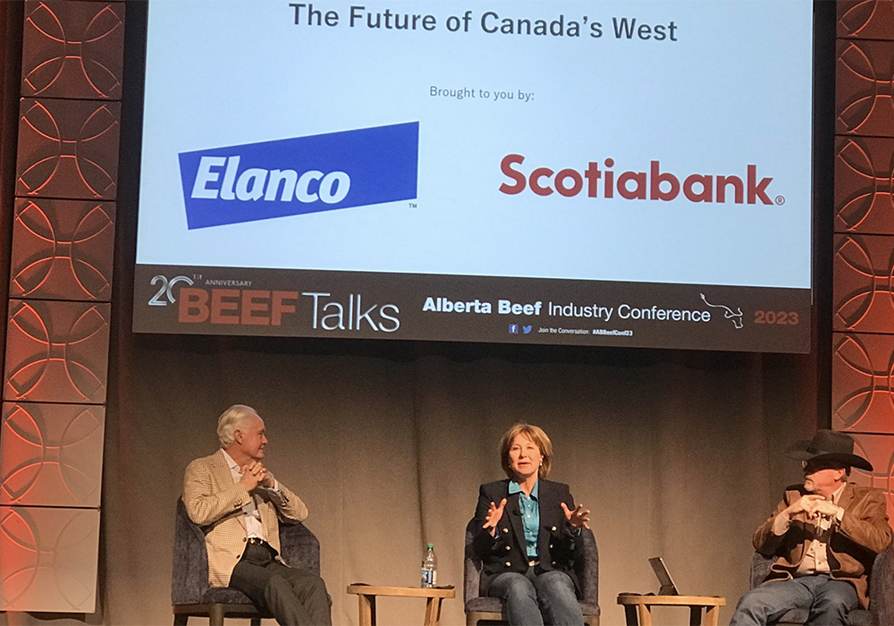 Former British Columbia premier Christy Clark and ex-Alberta senator Doug Black joined former Saskatchewan Premier Brad Wall in a panel discussion at the conference about the future of Western Canada. | Screencap via Twitter/@ABBeefConf
