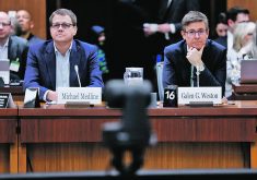 Galen Weston Jr., chair and president of Loblaw Companies Ltd., and Michael Medline, president and chief executive officer of Empire Company Ltd., appear before a committee on Parliament Hill last week.  |  Reuters/ Blair Gable photo