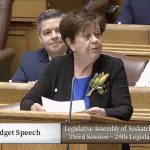 Finance minister Donna Harpauer delivered the most recent budget, tagged Growth that Works for Everyone, March 22. | Screencap via legassembly.sk.ca