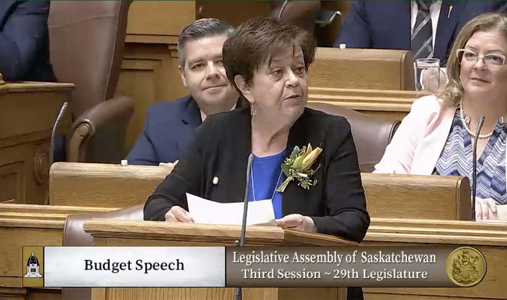 Finance minister Donna Harpauer delivered the most recent budget, tagged Growth that Works for Everyone, March 22. | Screencap via legassembly.sk.ca