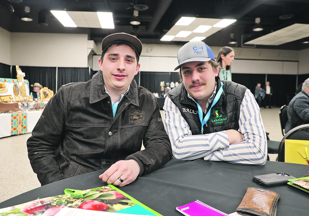 Lakeland College students Wylee Squair and Walker Balan presented research on drones and bison during the Bison Producers of Alberta conference.  |  Mary MacArthur photo