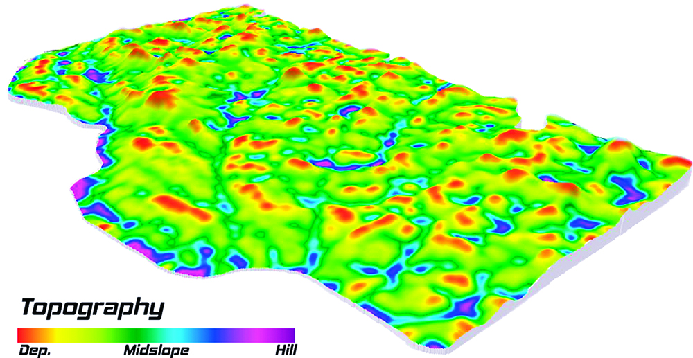 SWAT maps (soil, water and topography) are high-resolution soil foundation maps used to build variable rate fertility maps. This topographical map shows where the water flows in a field. Water flow determines subsurface soil conditions. | Croptimistic image