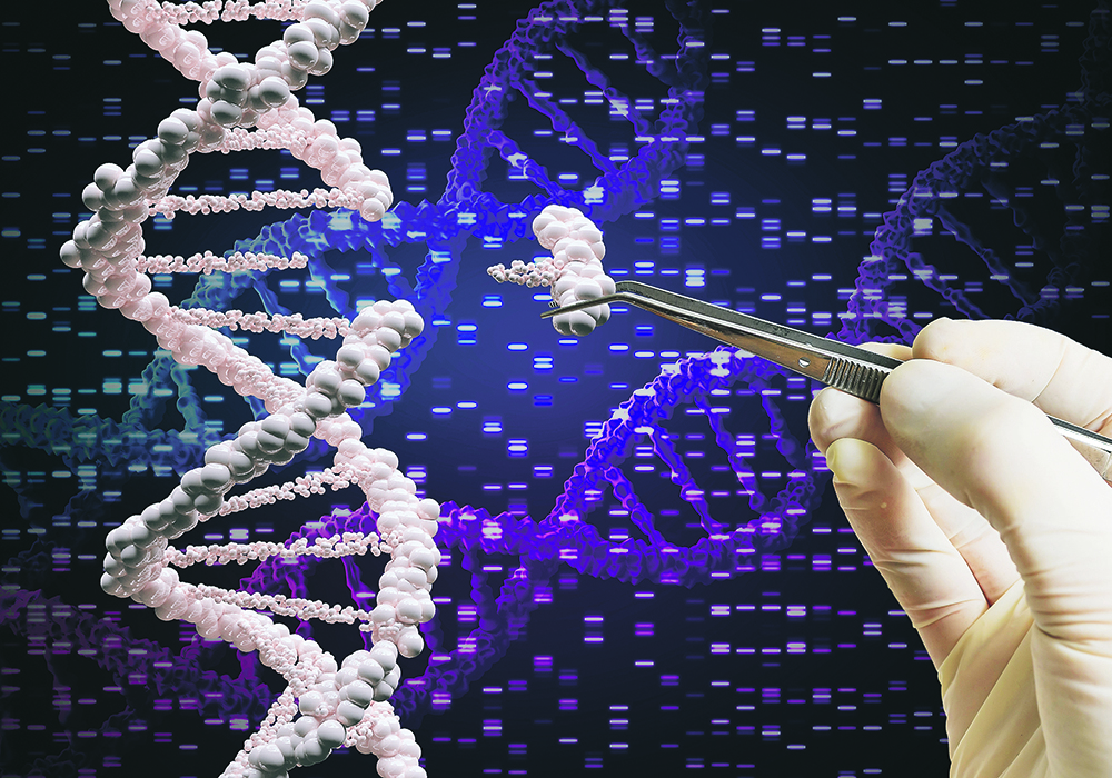Graphic of the rubber-gloved hand of a scientists holding a pair of tweezers and removing a segment of DNA from a longer strand, illustrating gene editing.
