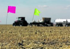 Small flags denote trial areas in a larger field. A tractor pulling a seeder and an anhydrous tank is visible in the background.