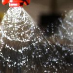 Close-up of a sprayer nozzle with droplets of liquid falling in a triangular pattern.