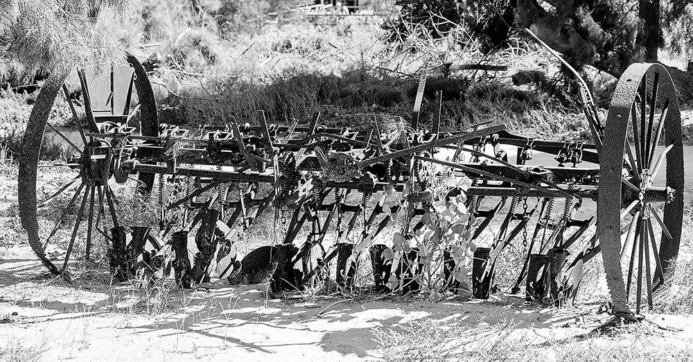 An old plow with steel wheels sits as a piece of yard art.