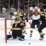 Matthew Tkachuk of the Florida Panthers celebrates after scoring the series-winning overtime goal in round one of the 2023 NHL playoffs vs the Boston Bruins.