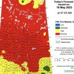 A map of Saskatchewan showing 90 percent of the province coloured red denoting "extreme" fire risk.