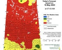 A map of Saskatchewan showing 90 percent of the province coloured red denoting "extreme" fire risk.