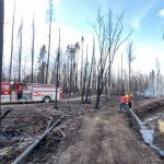 Two firefighters spray water on a hot spot next to a dirt road in an area ravaged by wildfire, all the trees are burnt.