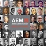 A collage of images featuring previous inductees into the Agriculture Equipment Manufacturers' Hall of Fame.
