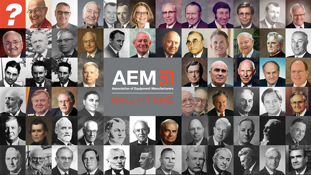 A collage of images featuring previous inductees into the Agriculture Equipment Manufacturers' Hall of Fame.
