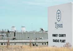 A photo of the company sign outside a Tyson Foods plant in Kansas.