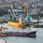 An aerial view of a number of ships in the Russian port city of Nakhodka.