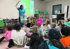 A teacher stands at the front of the classroom talking to young students.