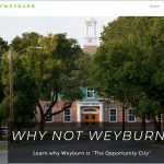 A screencap of the "Why not Weyburn?" website featuring the facade of the southeast Saskatchewan city's historic old courthouse framed by lush, green trees.