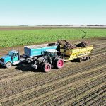 An overhead drone photo of a tractor pulling a hopper filled with beets transferring them to a semi trailer for transport from the field.