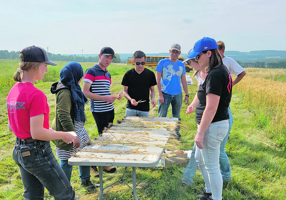 University-age students stand outdoors around a table with plants on it during an agronomy-focused field trip.