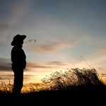 A young boy wearing a cowboy hat stands, silhouetted in front of the setting sun, in a field with a piece of grass in his mouth.