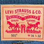 Close-up of a Levi Strauss & Co. label on a pair of blue jeans.