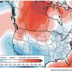 A map of North America showing the Canadian Prairies awash in red, indicating above-normal temperatures are in the forecast.