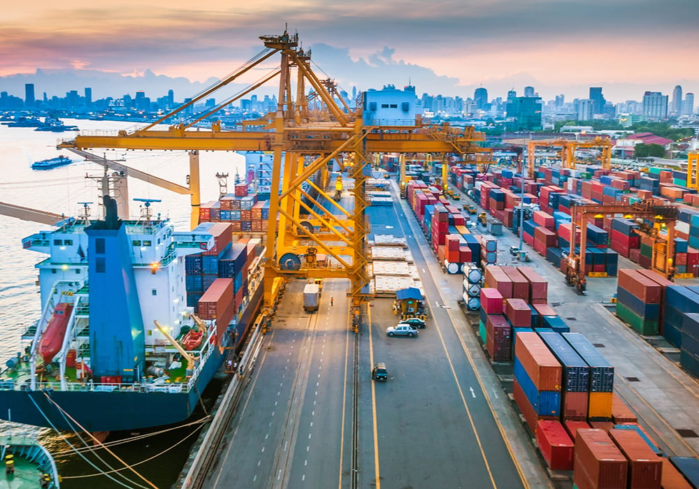 Aerial photo of a busy container port somewhere in Asia.