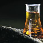 A clear glass flask contains rapeseed oil and is sitting atop a pile of canola seeds.