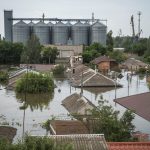 Floodwater is up to the roof of many houses, a large multi-silo grain handling facility is in the background.