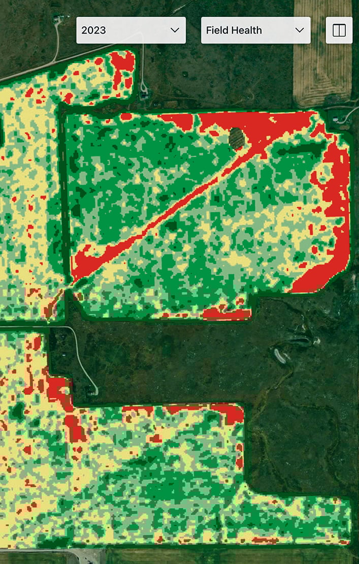 An NDVI satellite image showing gopher damage to the edges of a canola field.
