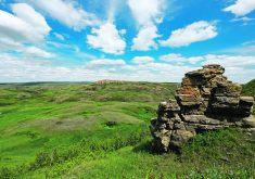 A rocky outcrop overlooks the McIntyre Ranch south of Lethbridge.