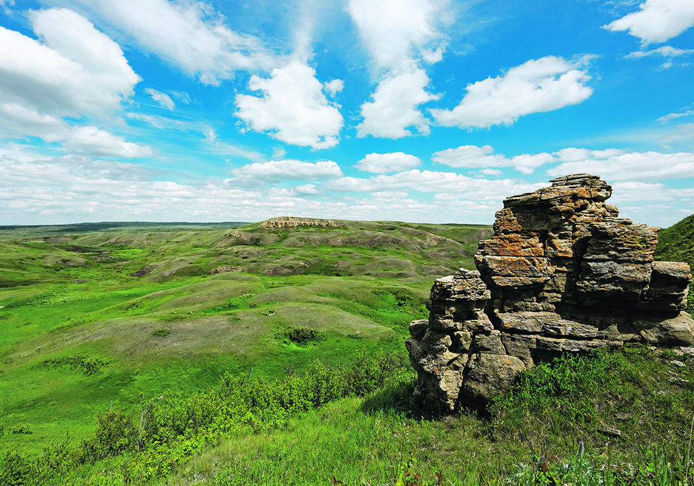 A rocky outcrop overlooks the McIntyre Ranch south of Lethbridge.