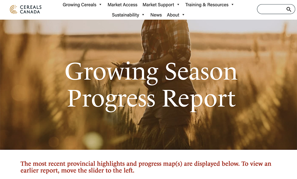 Screencap of Cereals Canada's "Growing Season Progress Report" webpage.