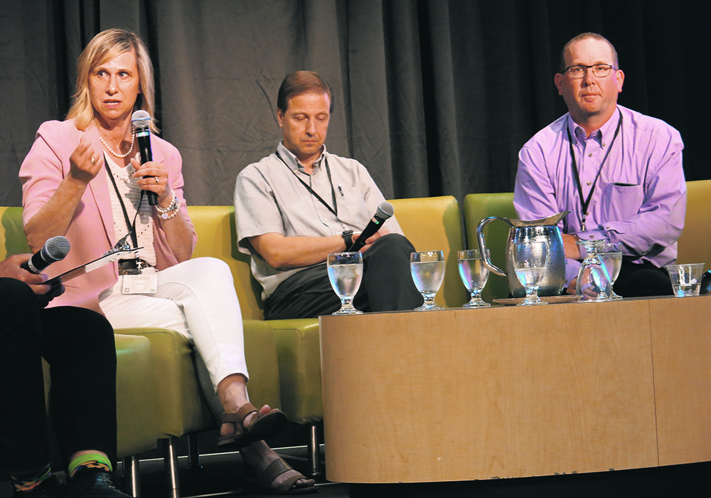 Nancy Tout, left, chief scientific officer for the University of Saskatchewan’s Global Institute for Food Security, Dalin Bullock, dean of Olds College’s School of Life Science and Business, and Sean McGrath of Ranching Systems Ltd. participated in a panel discussion during Results Driven Agriculture Research’s Round-Up conference in Calgary.  |  Doug Ferguson photo