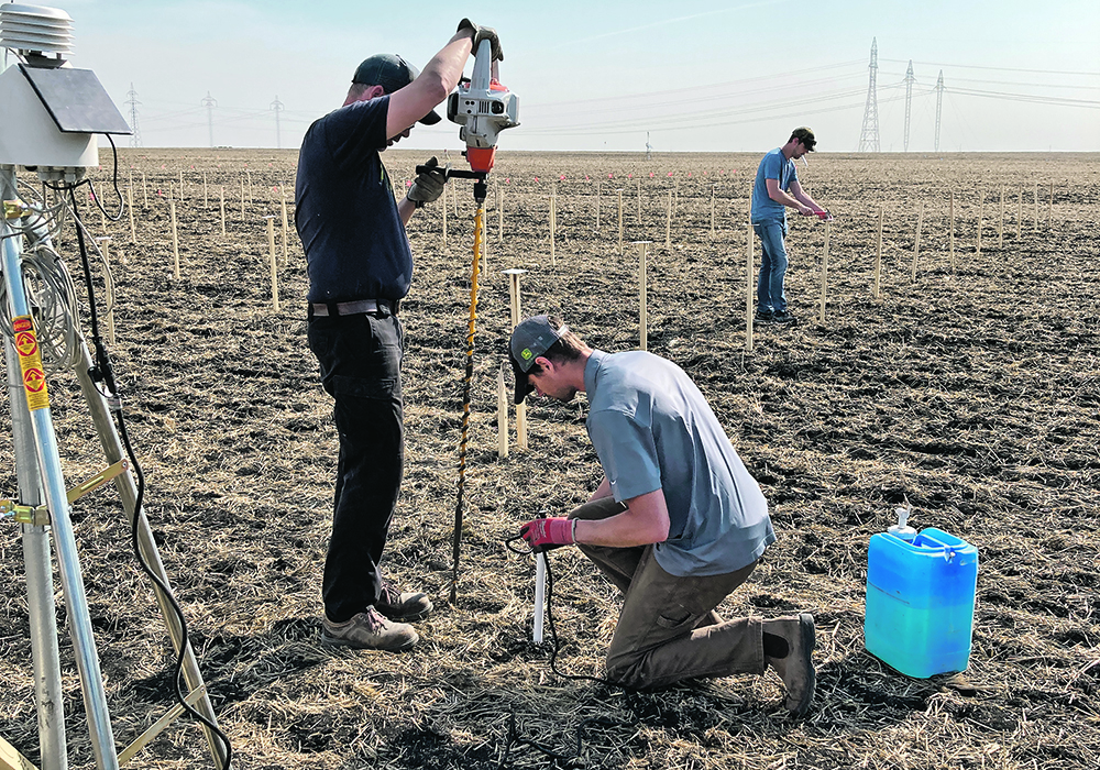 Workers at Innovation Farms, northwest of Winnipeg, are installing sensors across the farm to collect data.
