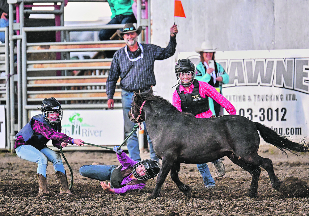 Three kids wrestle with a pony on a halter at a rodeo event.
