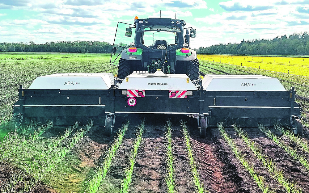 The three 10-foot covers prevent ambient sunlight from entering the spraying chamber. The Ecorobotix uses its own light source so the algorithms always know what their light waves signify. The covers can run anywhere from a few inches off the ground to three feet for taller crops such as cereals. The side benefit is that the sprayer can work in windy conditions that can ground conventional sprayers.  |  Ecorobotix photo
