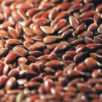 Close-up of flax seeds spread on a table.